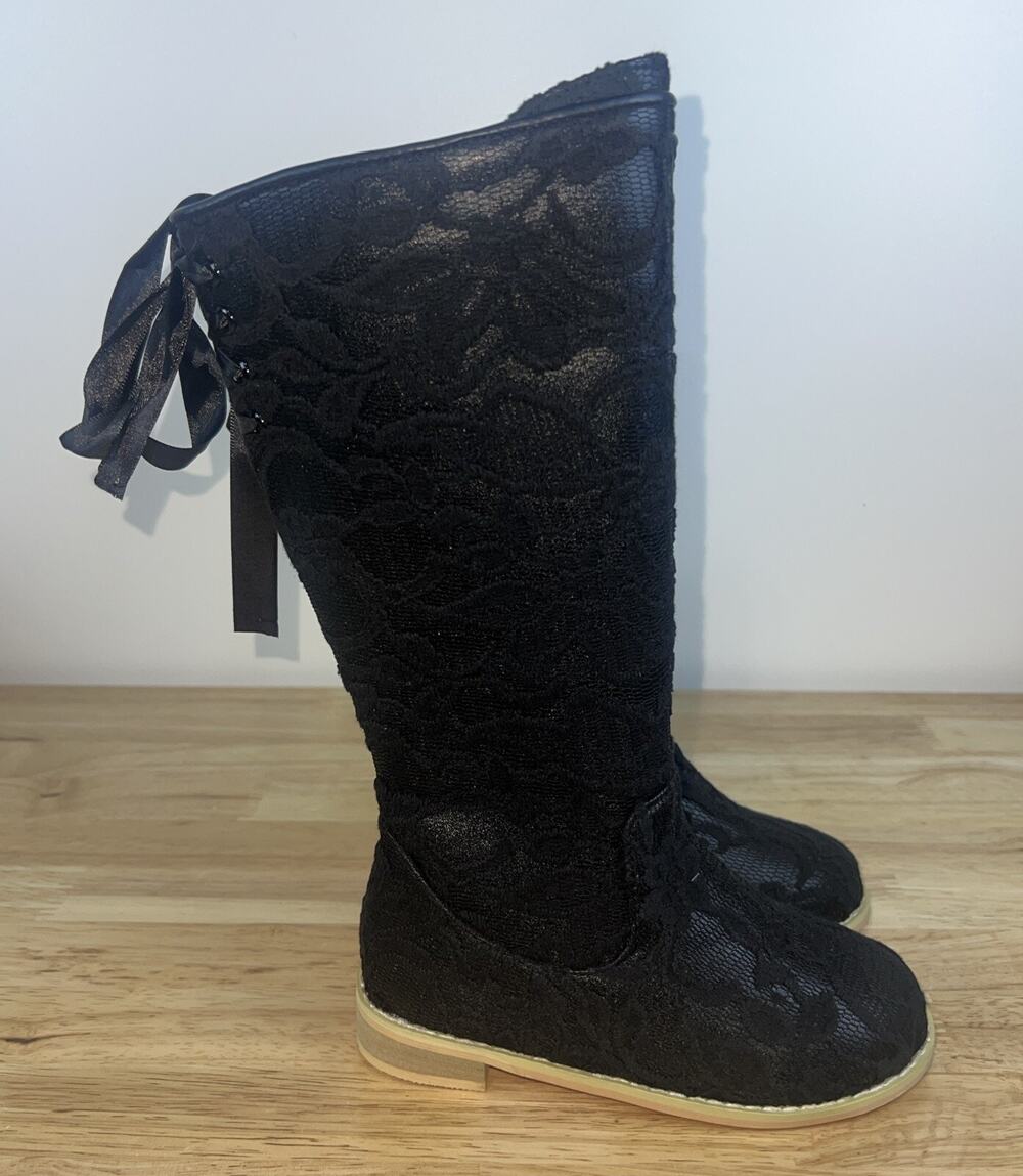 A Bear Co Girls Size 11 Black Lace Knee High Boots Ribbon Back Detail NEW
